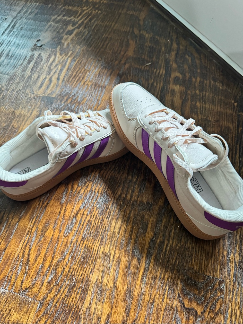 adidas Cream Sneakers with Purple Stripes and Gum Sole - Worn Once